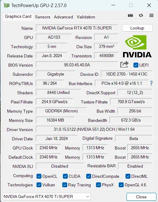 RTX 4070 Ti Super Gaming OC 16G GPU-Z